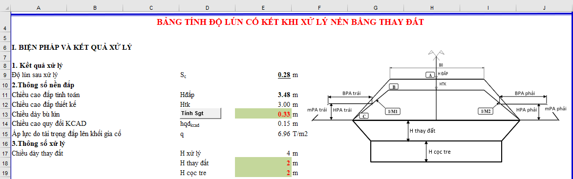 Khai báo chiều sâu đào thay đất và chiều sâu đóng cọc tre