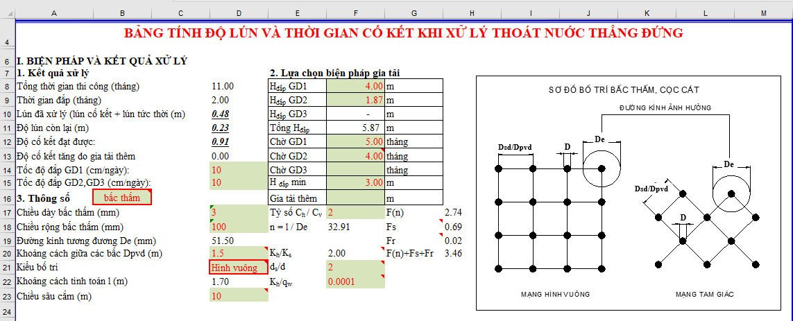 Khai báo các thông số xử lý và lựa chọn biện pháp gia tải- biện pháp giếng cát bấc thấm