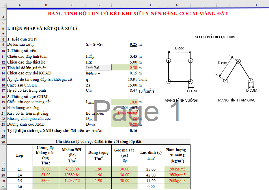 khai báo thông số cọc đất gia cố xi măng
